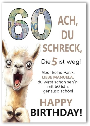 Poster Geldgeschenk runder Geburtstag personalisiert Jubiläum Kunstdruck Lama Alpaka Ach du Schreck (60. Geburtstag)
