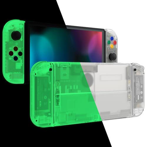 eXtremeRate DIY Full Set Shell for Nintendo Switch OLED, Replacement Console Back Plate & Kickstand, Custom NS Controller Housing with Full Set Buttons for Nintendo Switch OLED - Glow in Dark - Green
