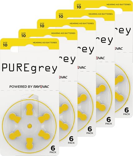 PUREgrey Hörgerätebatterien Typ 10-30 Stück Hörgeräte Batterien konzipiert für höchste Leistung – Pack mit 5 Blistern à 6 Hörgerätebatterien – PR70 Farbcode gelb 1,45 Volt