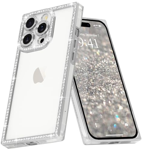 ROSEHUI Clear Glitter Phone Case for iPhone 14 Pro, Silver | Sparkly Rhinestones Soft TPU, Plating Rectangle Bumper, Camera Protection, Cute Transparent Shockproof Cover for Women Girls