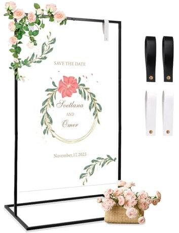 Yallmie Support Panneau De Bienvenue Mariage, 73x53x123cm Support Affiche Mariage PréSentoir Affiche Sur Pied Support PréSentoir en MéTal Porte Panneau Publicitaire un Beau Chevalet en MéTal