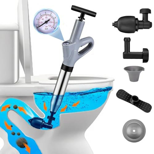Rohrreiniger, Abflussreinigungspumpe mit Luftkompression und Luftdruckanzeige, Druckluft-Rohrreiniger mit 4 Saugnäpfen für Waschbecken, Toiletten, Bäder, Duschen und Küchen (grau)