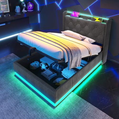 EINHOM Bett 90x200 cm, Polsterbett mit 360-Surround-LED-Funktion, Einzelbett mit Hydraulische Speicherfunktion, Gepolstertes Kopfteil mit USB-Typ-C Ladefunktion, Leinen-Material, Ohne Matratze, Grau
