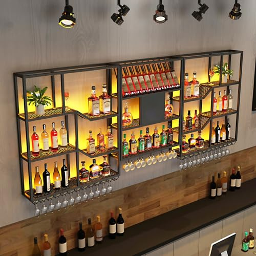 DRFGNF Portabottiglie Industriale a 3 Ripiani con Luce LED, portabicchieri Galleggiante di Grande capacità, portacalici a Parete - Moderno scaffale espositivo in Metallo per Bar