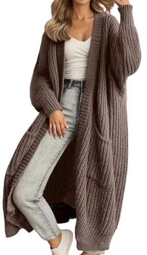 Angxiwan Cardigans for Women UK Chunky Cable Knit Cardigan Casual Open Front Jumpers Long Sleeve Jackets Longline Solid Color Clothes Hoodless Plus Size Coats Waterfall Sweater with Pockets