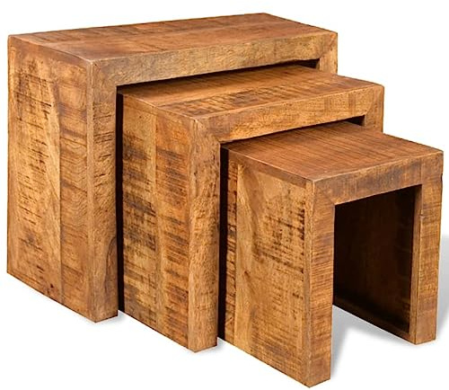 KTHLBRH Set mit 3 stapelbaren Tischen aus massivem Mangoholz, stapelbar, aus Mangoholz, Set mit 3 Beistelltischen, platzsparend