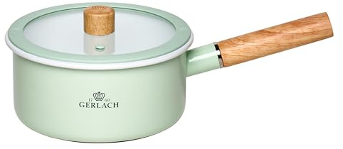Gerlach 1760 Kasserolle Stielkasserolle - 18 cm 2 L Emaille Topf - Alle Herdarten - Deckel aus gehärtetem Glas - Pastellgrün Natur Enamel