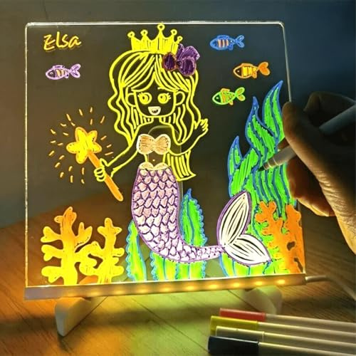 Tablette Lumineuse pour Dessin Enfants LED, Tableau Acrylique Effaçable 7 Couleurs avec Stylo et Support Réglable, Idée Cadeau Créatif Décoration Chambre Fille Ado (Petite-20x20 cm)