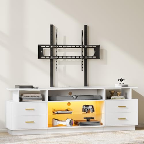 FUSOU TV Schrank mit Höhenverstellbar TV-Halter, LED-Beleuchtung, Lowboard für Fernseher bis zu 70 Zoll, Fernsehtisch mit 4 Schubladen, 5 Offenen Fächern, TV-Regal mit Glasböden für Wohnzimmer, Weiß