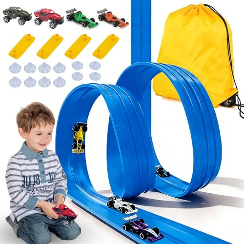 Flexible Autorennbahn Kinder, Autorennbahn Flexible Rennstrecke, Flexible Rennbahn Kinder, Flexible Autorennbahnen 4 Meter mit 4 Spielzeugautos, Rennstrecke Auto Autobahn, für Jungen und Mädchen
