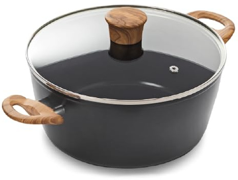 Blackmoor 24cm Stockpot with Tempered Glass Lid/Non-Stick Ceramic-Coated Pot with Wood Effect Handle, PFAS-Free, Suitable for All Hob Types/Sherwood Classic Range 65299
