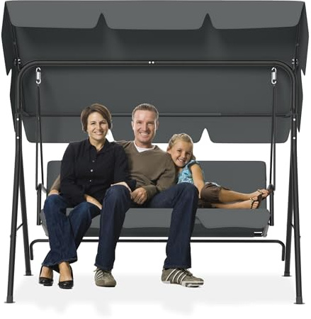PEILU 176x110x152cm Hollywoodschaukeln mit Sonnendach & Sitzauflage & Stahl Rahmen, 3-Sitzer Garten Schaukelbank belast bis 200KG, Schaukelbank Gartenliege für Outdoor & Indoor (Grau)