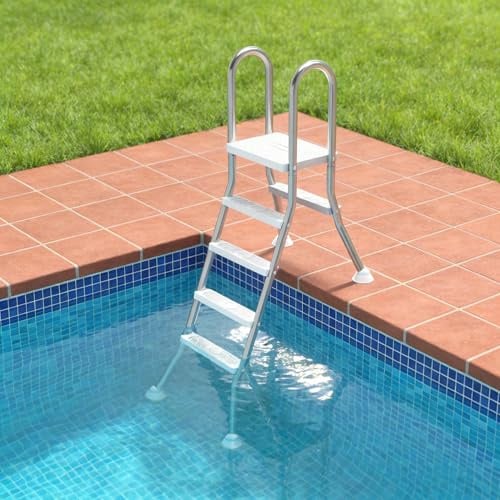 XMTECH Escalera de piscina de acero inoxidable, 4 peldaños, con peldaños antideslizantes y pasamanos, soporta hasta 150 kg, para piscina de hasta 135 cm, incluye material de montaje, color plateado
