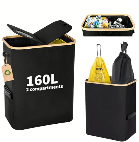 Gelber Sack Ständer 160L, 2-in-1 Pfandflaschen Sammelbehälter mit Deckel | 2 Fächer Mülleimer für 60–120L Gelbe Säcke, Yellow Bag Müllsystem für Küche & Haushalt