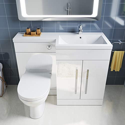 ELEGANT 1100mm Right Hand High Gloss White Vanity Unit & Back to Wall Toilet Unit with Ceramic Toilet & Basin