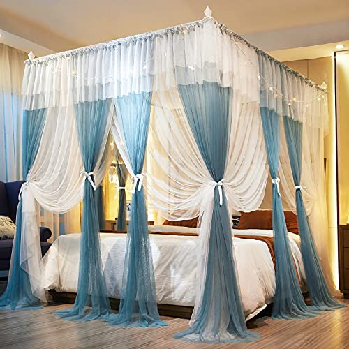Joyreap Luxuriöse Betthimmel-Vorhänge mit 4 Ecken, Blau und Weiß, gemütliches Drapiernetz für Mädchen und Erwachsene – 4 Öffnungen, niedlicher Prinzessinnen-Stil, Schlafzimmer-Dekoration, Zubehör