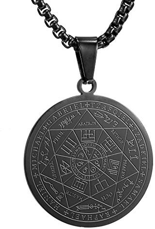 AFSTALR Halskette Herren 7 Erzengel Siegel Medaille Talisman Siegel der Sieben Erzengel Amulett Ketten Anhänger Edelstahl Solomon Schmuck für Herren MännerNoir