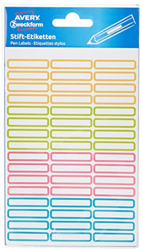 AVERY Zweckform 63027 Namensaufkleber für Stifte 102 Stück (bunte Aufkleber, Stiftetiketten, permanent haftend, selbstklebend, strapazierfähig, beschriftbare Mini-Etiketten, Federmäppchen)