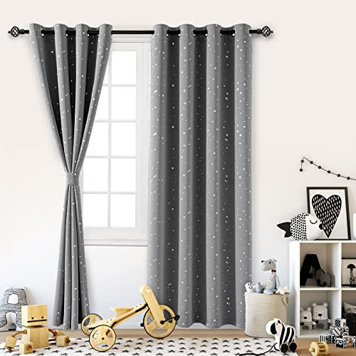 NAPEARL Vorhang Kinderzimmer Junge-Verdunkelungsvorhang mit Silbernen Sterne, 2 Stücke H 214 X B 132cm Grau Vorhänge für Kinderzimmer, Schlafzimmer, Sterne Blickdichte Gardinen mit Ösen