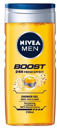 NIVEA MEN Doccia Shampoo Boost 6 x 250 ml, docciaschiuma uomo rinfrescante per corpo, viso e capelli, Gel e shampoo uomo energizzante con Caffeina naturale