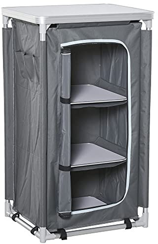 Outsunny Campingschrank faltbar Küchenbox tragbar mit Arbeitsplatte Tragetasche 3 Ablagen 600D Oxford Stoff Grau 60 x 50 x 104,5 cm