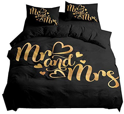 Ensemble de Literie Mr. et Mrs. Blanc Feuille Noir Marron Rose Couples Romantiques Mariage Amour Parure de Lit 2 Personnes Housse de Couette et Taie d'oreiller,Microfibre (Noir, 220 x 240 cm)