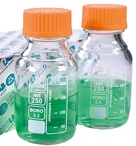 ISOLAB Lot de 2 bouteilles de conservation rondes 250 ml avec bouchon à vis GL 45, verre borosilicate 3.3