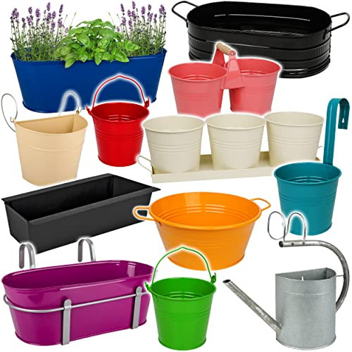 alles-meine.de GmbH Metall Blumentöpfe Modellwahl & Farbwahl Design - doppelter 2er - Topf - Blumentopf/Pflanzkübel/Pflanzschale - 34 cm - mit Holzgriff/Henkel - beige ..