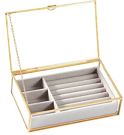 HCENJOC Goldene Vintage-Schmuckschatulle aus klarem Glas mit Organizer aus grauem Samt (21 x 13,5 x 5 cm)