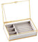HCENJOC Goldene Vintage-Schmuckschatulle aus klarem Glas mit Organizer aus grauem Samt (21 x 13,5 x 5 cm)