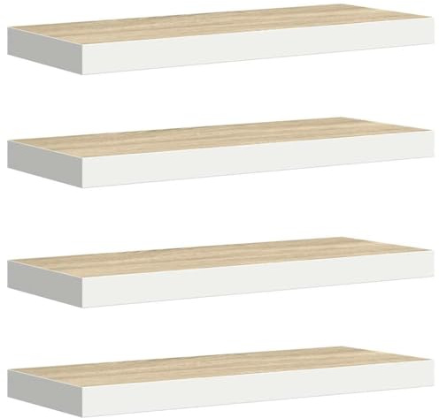vidaXL Floating Wall Shelves, Set of 4, Oak-White, Durable Honeycomb MDF, Easy-Install Invisible Mounting System, Modern Design Home/Office Decor