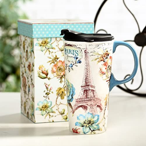 DUSVALLY Ceramic Coffee Mug Porcelain Latte Tea Cup with Lid,Handle and Gift Box Latte Mug,17oz.Paris Tower