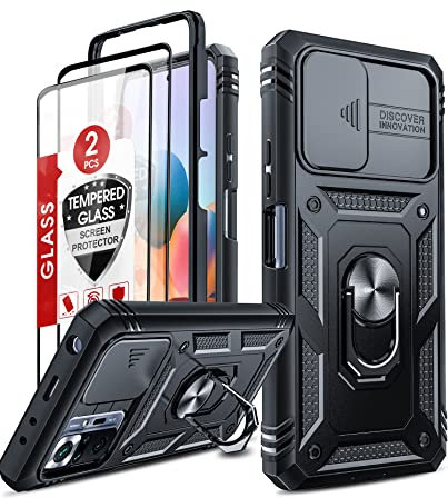 LeYi Kameraschutz Hülle für Xiaomi Redmi Note 10 Pro/Note 10 Pro Max [2 Hartglas Schutzfolie], Hybrid Cover Ständer Handyhülle Kamera Schiebeabdeckung Schutzhülle Case Metall Ring Handy Hüllen Schwarz