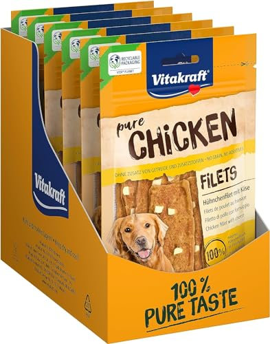Vitakraft Pure Chicken Filets, Hundeleckerli, Hühnchenfilet mit Käse, Hunde Trainingsleckerli, ohne Zusatz von Zucker (9x 80g)