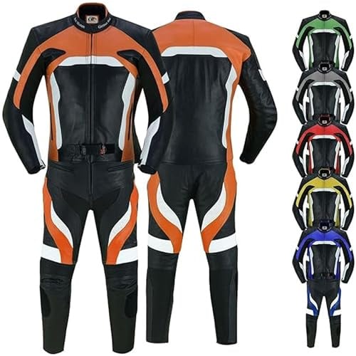 German Wear Motorradkombi Herren 2-teiler Biker Lederkombi aus Kalbsleder - mit alle Protektoren, abmehmbar & waschbar Thermofutter, Verstellbarer Taillengürtel und Reißverschluss-Taschen Orange - 48