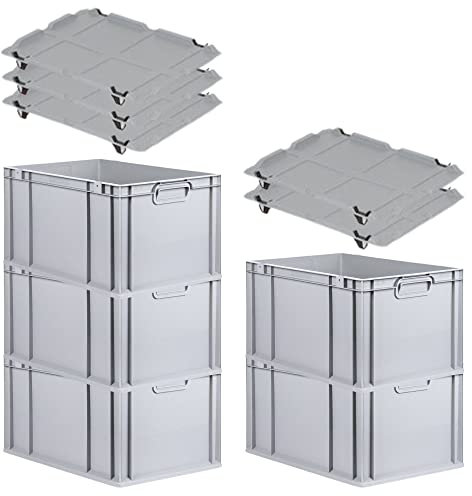 PROREGAL SparSet 5x Eurobox NextGen Grip mit Auflagedeckel & 4 schwarzen Schiebeschnappverschlüssen, HxBxT 32x40x60cm, 65 L, Grau, Griffe geschlossen, Eurobehälter, Transportbox