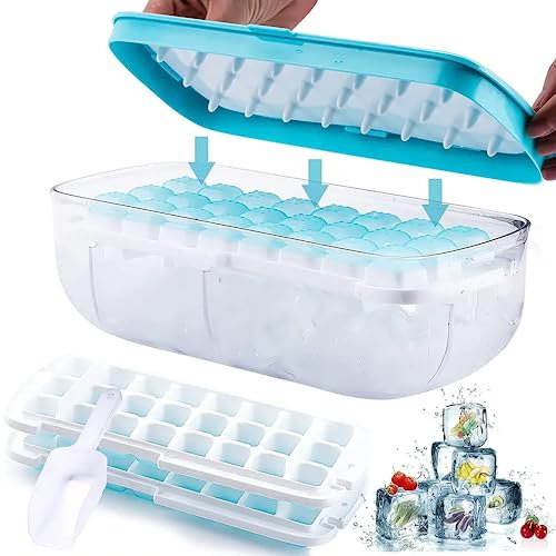 CUQOO Silicone Ice Cube Mold Trays with Lid & Storage Container + Extra Ice Scoop - 2 x 24 Blue Cube Tray with Lid, Quick Release for Food Cubes, Reusable for Baby Food
