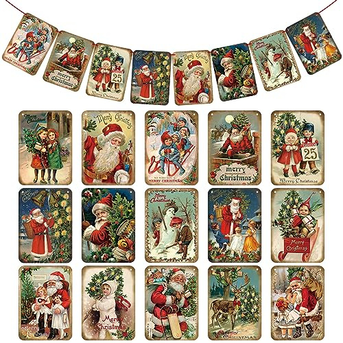 Oudain Pack of 15 Vintage Style Christmas Hanging Banners with Red Ribbon, Traditional Vintage Victorian Style Christmas Bunting Decoration, Santa Claus, Party Banner