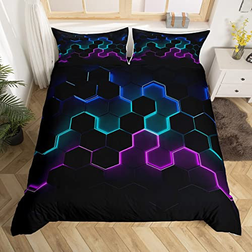 Hexagon Bettbezug Set M Größe, Waben Design Art Tröster Bezug mit 1 Kissenbezug, Lila Blau Neon Light Diamond Atmungsaktive Bettdecke für Jungen Teens, Kissen Sham