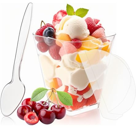 Dtldxx 50 Pcs Vasitos Plastico para Postres,Cuencos de postre Transparentes,120 ml de Postre,Reutilizable Vasos Para Postre, Para Pudines Tiramisú Mousse,Helado,Gelatina Aperitivo, Postre,Cumpleaños