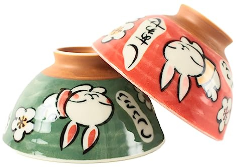 Mino ware Japanese Pottery Pair Rice Bowl Animal Pattern (set of 2) made in Japan (Japan Import) MIG009 (Happy Rabbit)