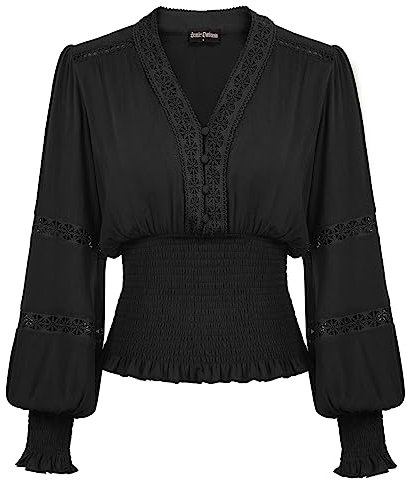 SCARLET DARKNESS Womens Victorian Tops Lace V Neck Smocked Blouses Lantern Sleeve Reniassance Shirts Black M