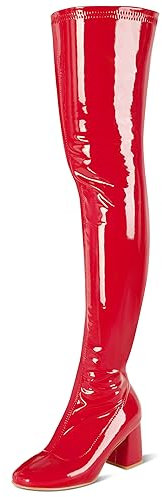 syztsho Oberschenkelhohe Stiefel für Frauen Lackleder PU Chunky Heel Overknee Stiefel Sexy Square Toe Seitlicher Reißverschluss GOGO Stiefel, Rot/Ausflug, einfarbig (Getaway Solids), 37 EU