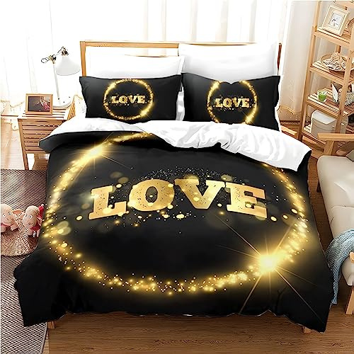 Freyamy 3D Herz Bettwäsche 135x200cm 4teilig Schwarz Gold Herzmotiv Liebe Luxus Bettwaren-Sets Mikrofaser Weiche Bettwäsche Bettbezug 2 Bettdeckenbezüge mit Reißverschluss und 2 Kissenbezug 80x80cm