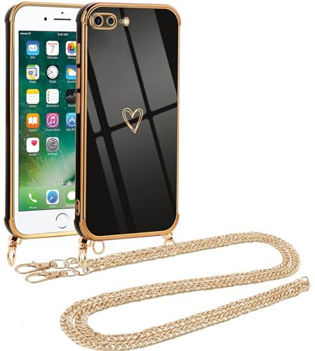 Vauki Funda con Cuerda para iPhone 8 Plus/iPhone 7 Plus, Patrón de Corazón TPU Carcasa, con Colgante Collar Correa, AntiChoque Suave Silicona Cover para iPhone 8 Plus 5.5, Cadena de Metal-Oro