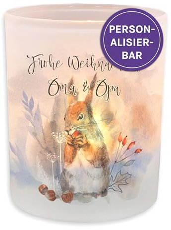 FEENSTAUB Windlicht Glas, Weihnachten Winter Deko, Teelichthalter Glas Personalisiert Mit Name, Kerzenglas, Tischdeko Windlicht Mit Spruch, Eichhörnchen, Teelicht