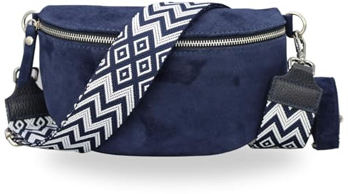 BRISE Bauchtasche Damen Echtes Wildleder SAHEL Handgemachte Umhängetasche Crossbody Bag Hüfttasche mit Ledergurt + Optionalen Breiten Gemusterten Riemen Gürteltasche Made in Italy (Dunkelblau 2)