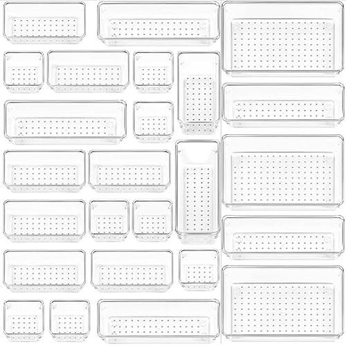 DUOJIN 25 Pcs Kitchen Drawer Organiser Clear Box 4 Size Desk Drawer Dividers Plastic Storage Trays for Makeup Bedroom Office Vanity Desk Stationary (Style B)