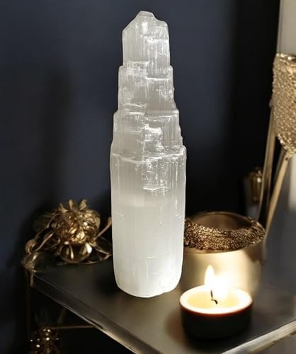 Selenit Turm Handgeschnitzte Selenit Kristallturm Bergbau Handwerk Marokko Bergsäule Stein-Perfekt zum Laden von Kristallen und Edelsteinen Heilung Reiki Meditation Dekoration Oder Geschenke-15cm