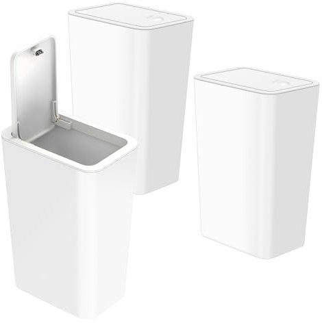 Plastic Trash Can with Lid, 10Liter/ 2.6Gallon Slim Waste Basket Garbage Can, Small Trash Waste Bin For Bathroom, Bedroom, Home Office, Living Room, Kitchen, 3pcs White